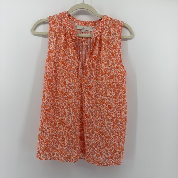 LOFT Tops - LOFT Womens Small Orange Floral Sleeveless‎ Shell Top Tie Neck Pleated Back